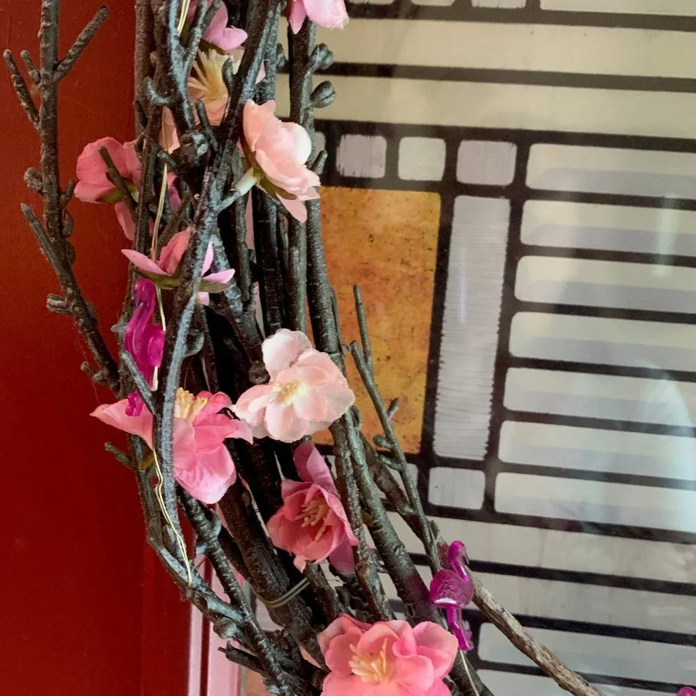 Cheery Grapevine Wreath with Pink Cherry Blossoms and Flamingo Lights
